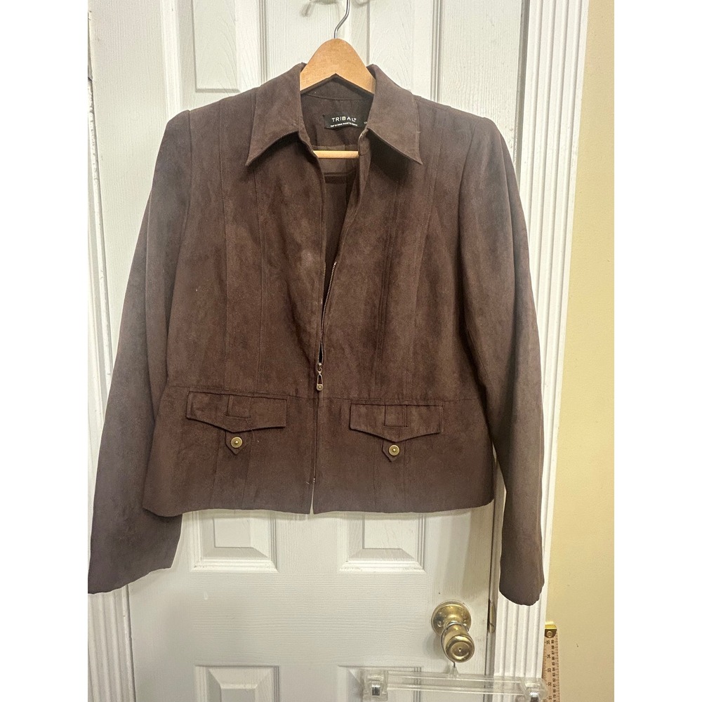 Tribal Brown Faux Suede Zip Up Jacket Women Size 12 Collared Lined 4819/64